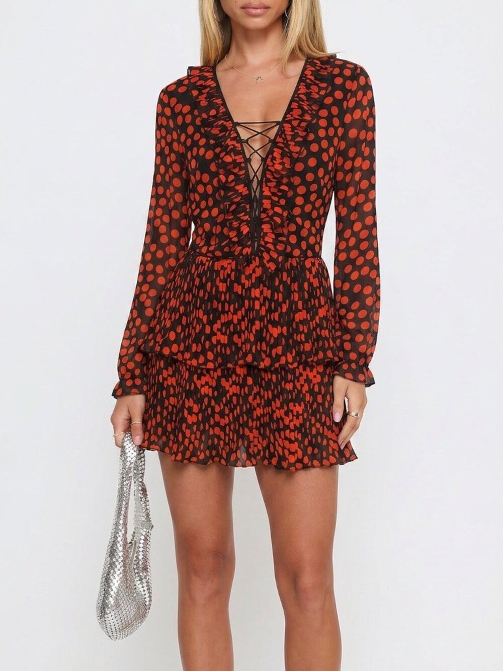 DELFI Collective Kiki Ruffle Lace-Up Mini Dress Red Black Polka Dot Size Small